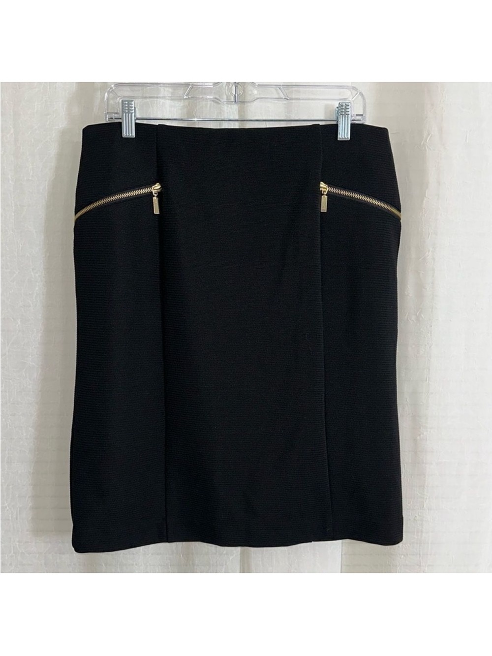 Alfani 14 Modern Edge Deep Black Ribbed Gold Tone Zip Details Pencil Skirt NWT